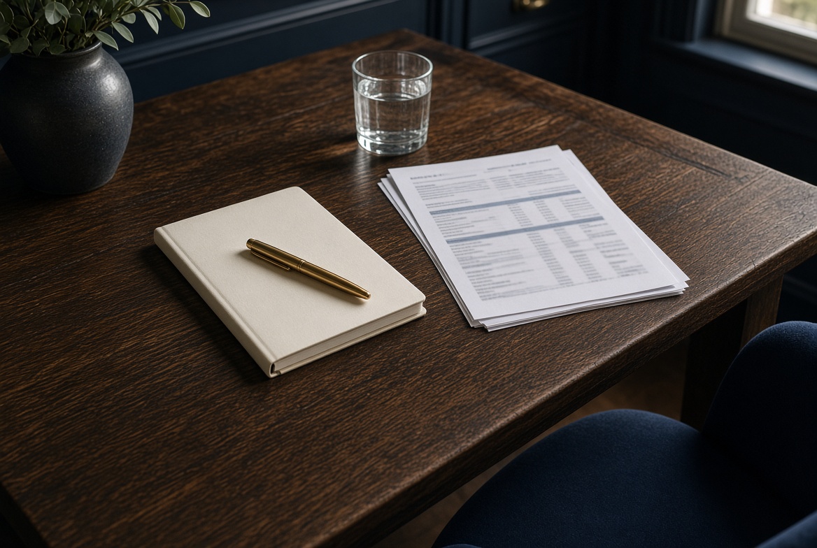 Board papers and notebook on a dark oak table